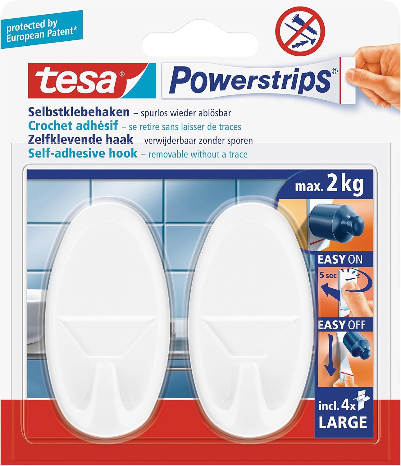 tesa Powerstrips Hooks Large OVAL, Removable Self-Adhesive Wall Hook for Glass Tiles, Wood, Plastic and Other Surfaces, White