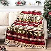 PAVILIA Premium Christmas Sherpa Throw Blanket, Green Red Cabin Design with Reindeer Print, Ultra Soft Reversible Fleece & Sherpa 50x60 Cozy Winter Blanket, Cozy Christmas & Holiday Decor