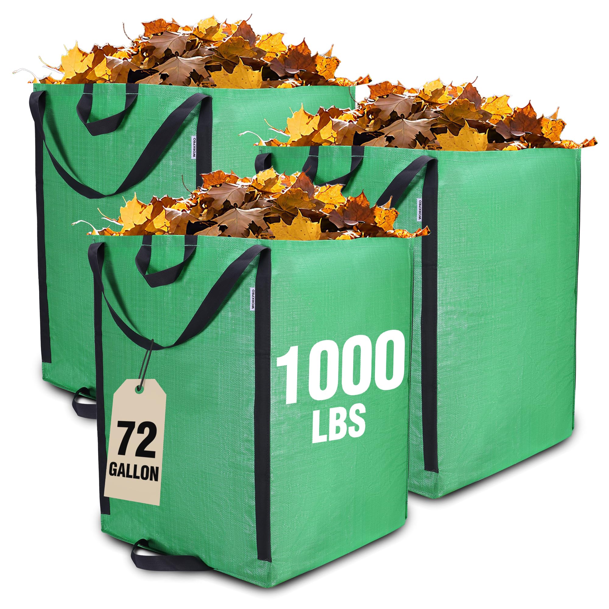 WORKPRO Heavy Duty 72-Gallon Reusable Yard Waste Bags, 3 Pack Self-standing Leaf and Lawn Bags with Reinforced Handles, Garden Waste Bags for Debris, Leaves, Grass, and Outdoor Recycling, Green