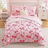 AMBERSPACE Twin XL Comforter Set for Girls, Pink Bow Bedding Set with Cute Floral, All Season Kids Dorm Bed in a Bag 5 Pieces with Sheets, Pillowcase & Sham