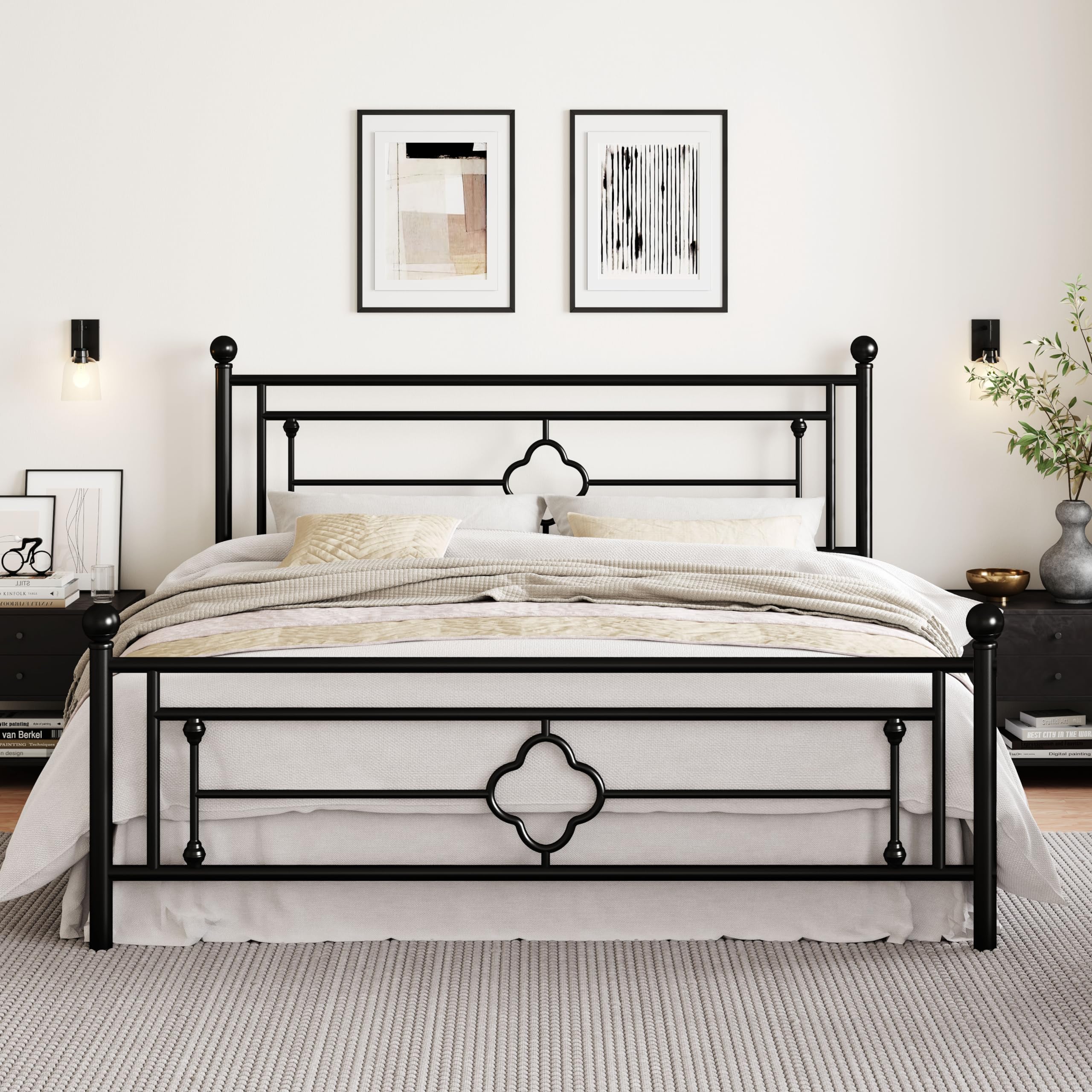 SHA CERLIN 14 Inches King Size Metal Platform Bed Frame/Vintage Iron-Art Headboard and Footboard/Mattress Foundation for Storage/No Box Spring Needed/Noise-Free/Easy Assembly/Black