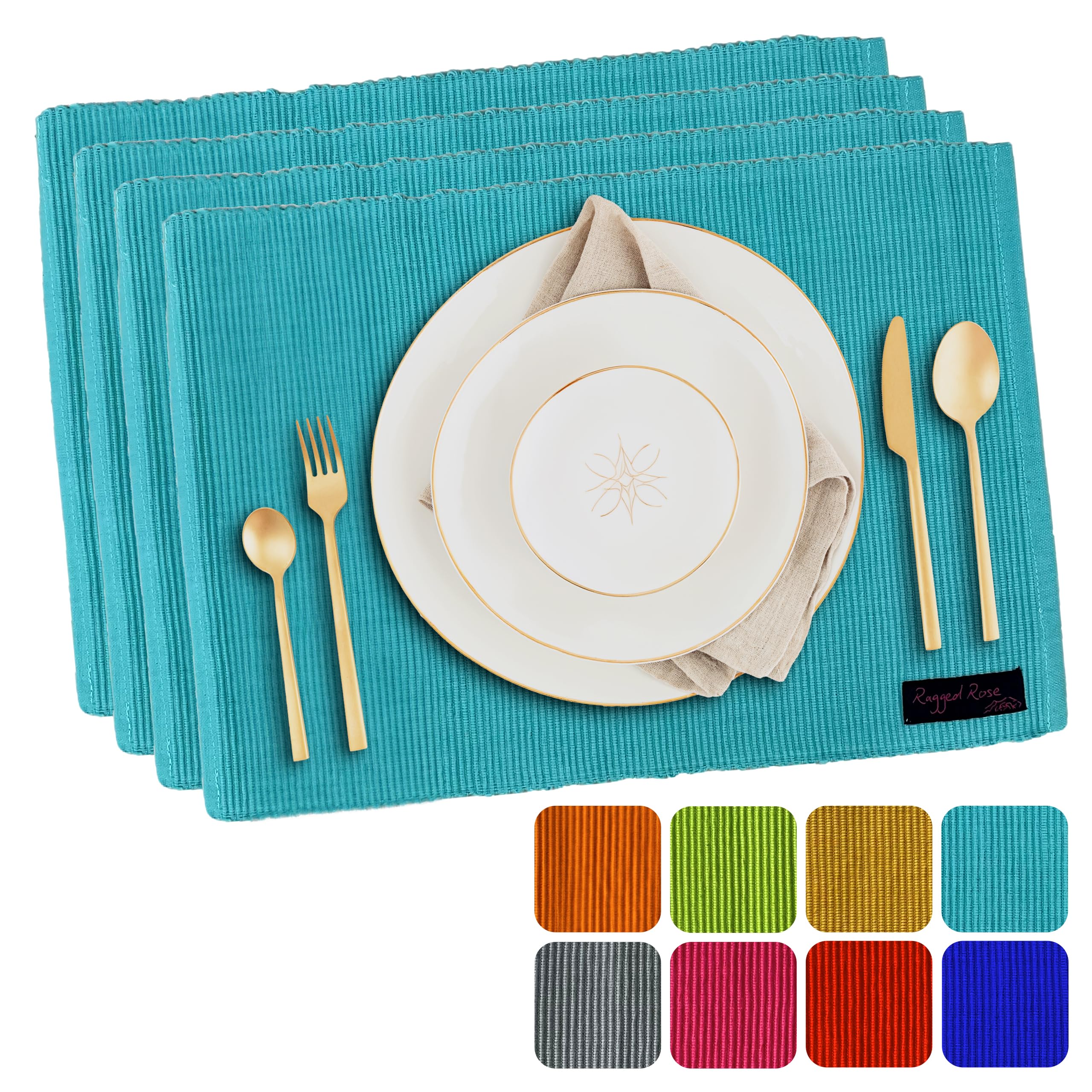 Ragged Rose Set of 4 Cotton Placemats - 27x37 cm Gift-Wrapped Table Place Mats - Ribbed Cotton Indoor & Outdoor Placemats for Living Room, Dining Table, & Kitchen