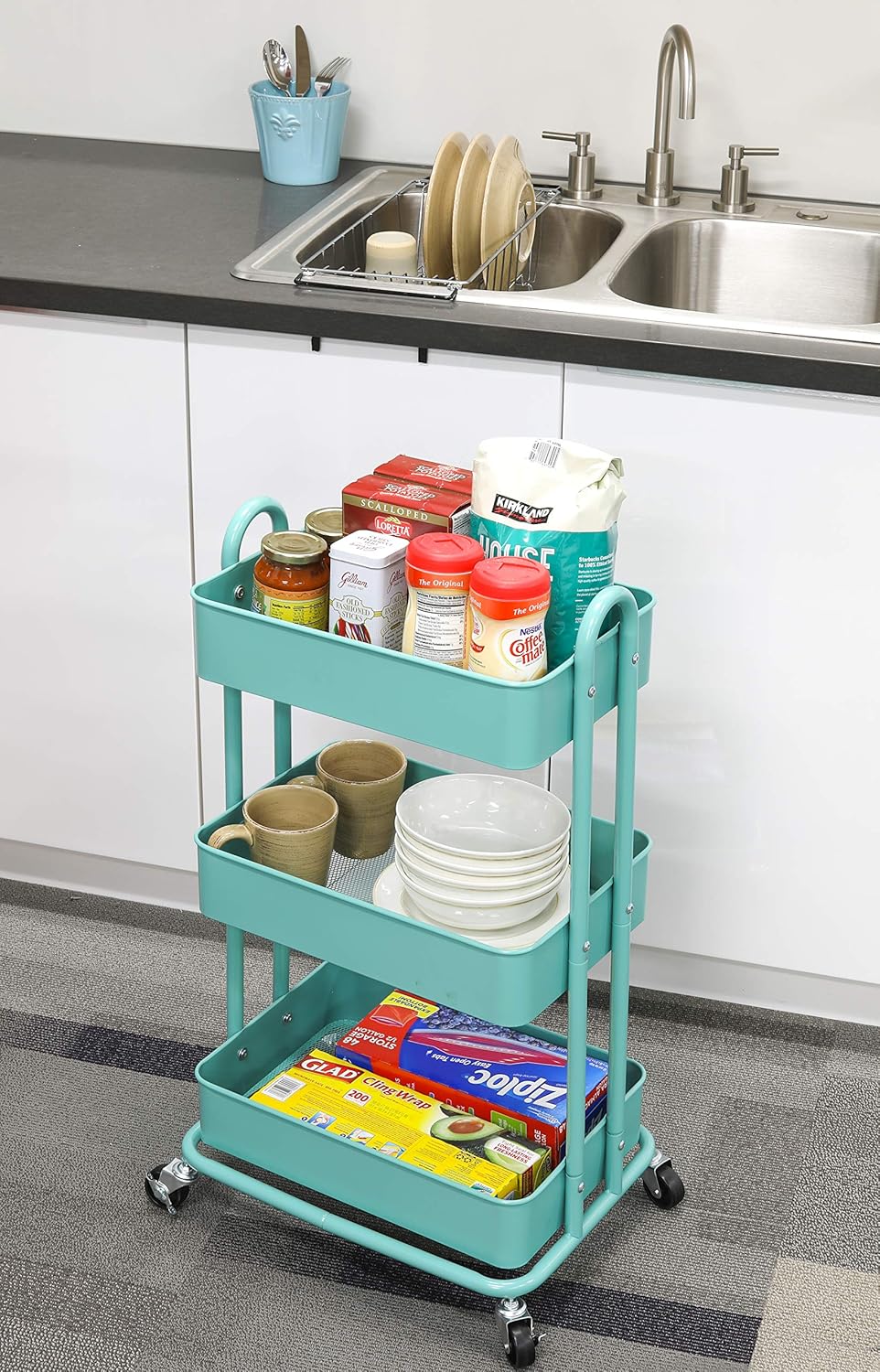 SimpleHouseware Heavy Duty 3-Tier Metal Utility Rolling Cart, Turquoise: Kitchen & Dining