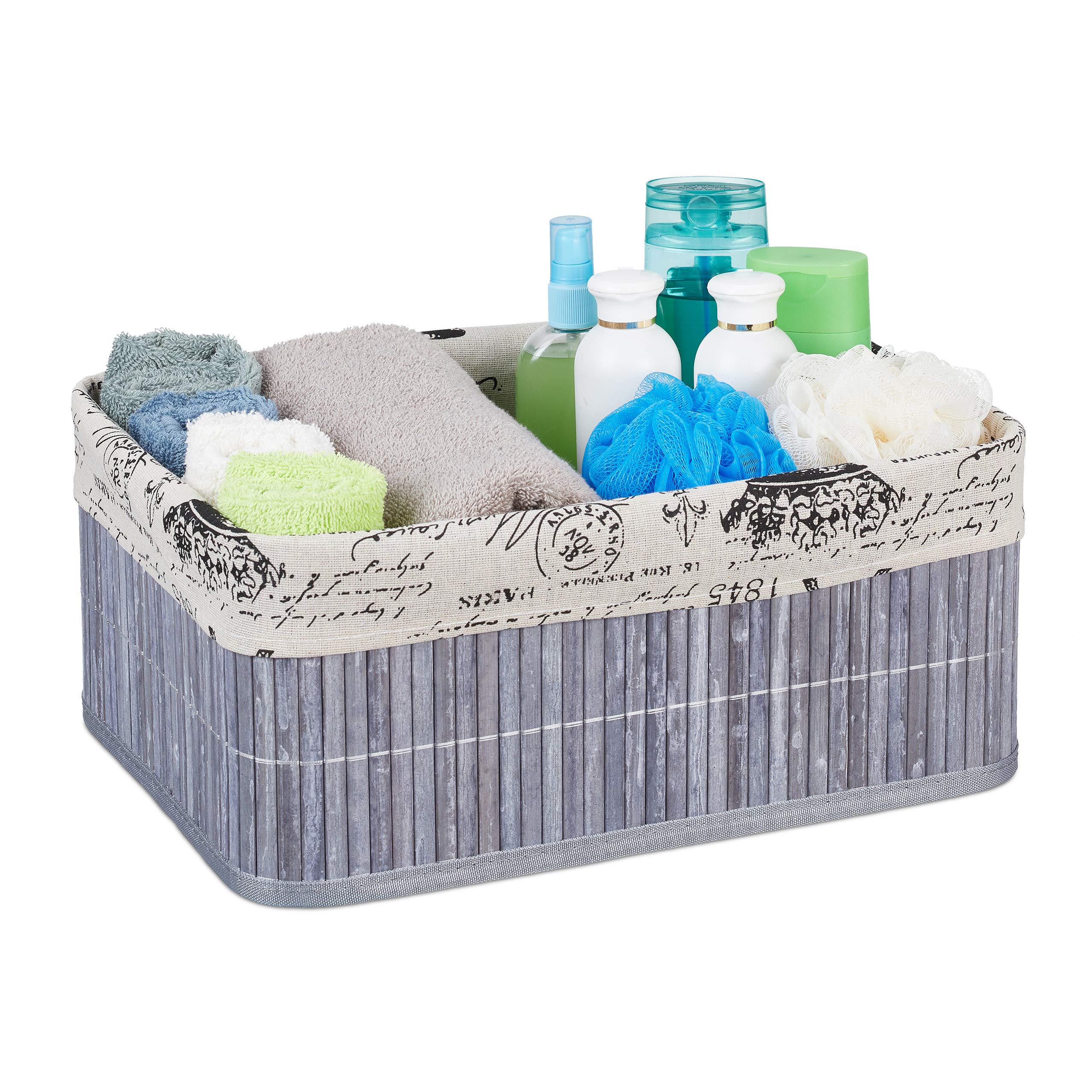 Relaxdays Storage Basket, Fabric Cover with Retro Pattern, Bamboo, Bathroom Organiser, 16.5 x 38 x 28.5 cm, Grey