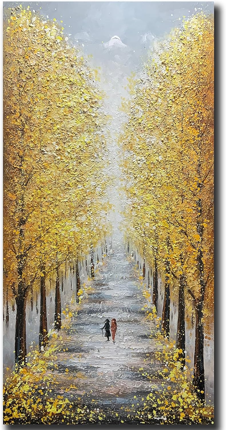 Paintings - Yotree Paintings - 24x48 Inch 3D Wall Art on Canvas Abstract Painting Autumn Landscape Golden Avenue Wood Inside Framed Hanging Fall Wall Decoration Ready to Hang Vertical