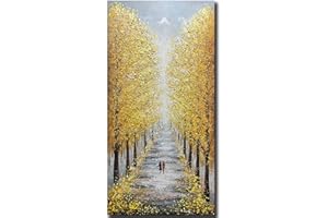 Yotree Paintings - 24x48 Inch 3D Wall Art on Canvas Abstract Painting Autumn Landscape Golden Avenue Wood Inside Framed Hanging Fall Wall Decoration Ready to Hang Vertical