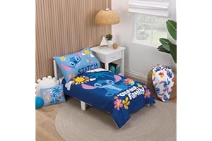 NoJo Disney S is for Stitch 4 Piece Toddler Bed Set Includes a Comforter, Fitted Bottom Sheet, Flat top Sheet, and Reversible Pillowcase. Features Fun and Playful Stitch in a Tropical Pattern