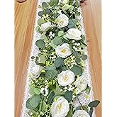 Aoztio 2 Pack 6Ft Artificial Eucalyptus Flower Garland with White Roses, Faux Floral Greenery Garland Fake Flower Vines for Wedding Party Centerpiece Table Runner Arch Party Decor (2PCS,White