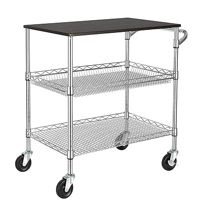 Finnhomy 3-Tier Utility Cart with Wood Top, Rolling Steel Service