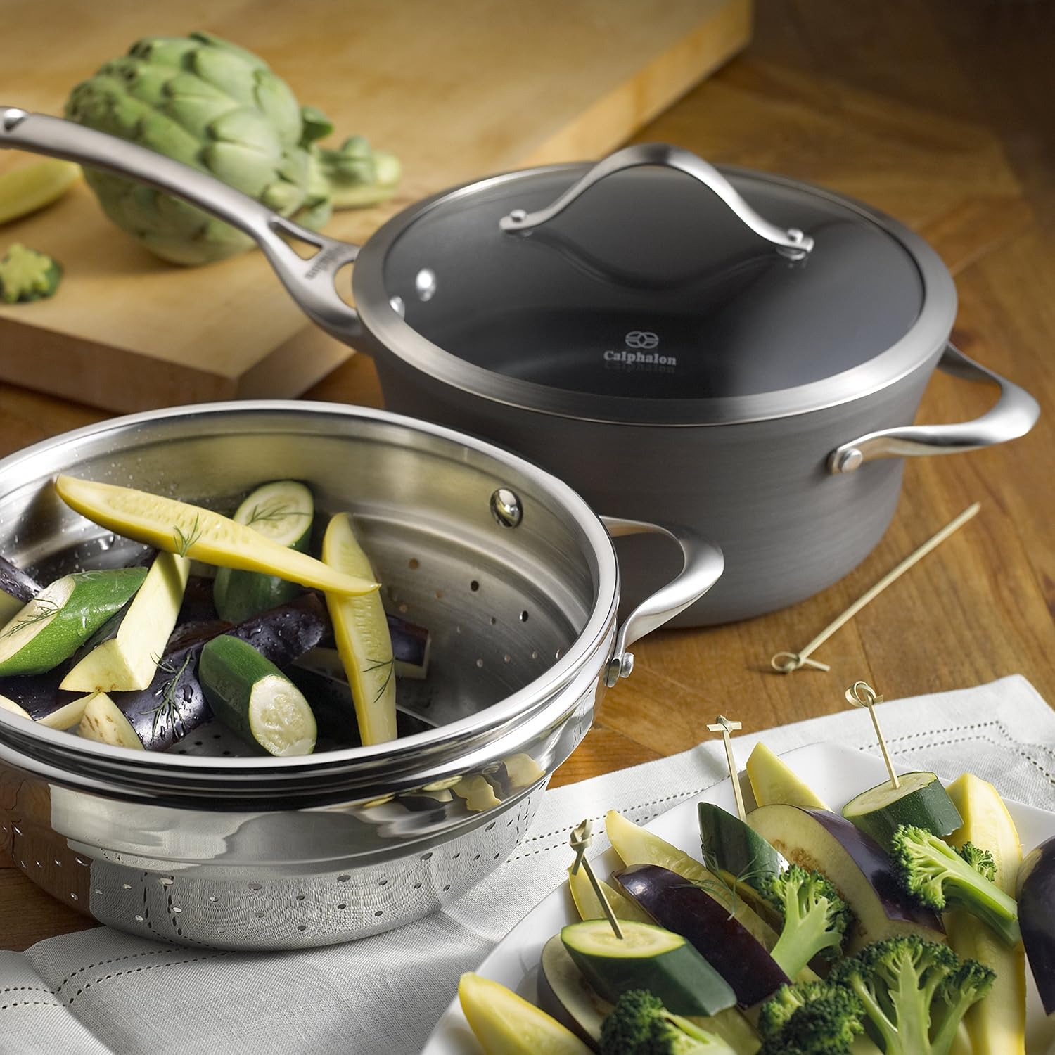 Saucepan with Steamer Insert Black Calphalon Contemporary HardAnodized