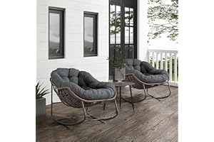 SLEERWAY Large Indoor Outdoor Rocking Chair, Oversized Rocking Papasan Chair with Thick Cushion and Frame Outdoor Rocker, Comfy Wicker Egg Chairs Lounge for Outside Porch Patio Backyard (Dark Grey, Set of 2)