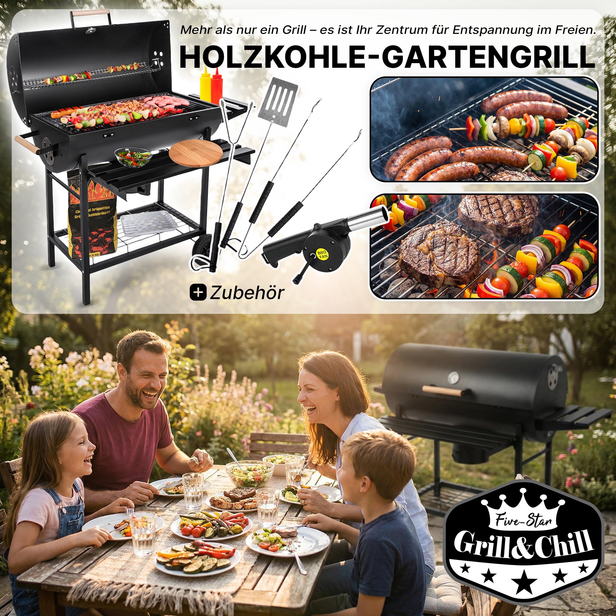 Five-Star Grill&Chill Holzkohlegrill mit Deckel – Großer Grillwagen mit Chromrost 71×35 cm & Thermometer – Für Garten & Terrasse – Aschekasten, Lüftungsöffnungen, 2 Räder 2