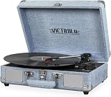 Victrola Journey Bluetooth Portable Suitcase Record Player – with Built-in Speakers, 3 Speed Vinyl Record Player, RCA Out, Headphone Jack (Light Denim Blue Linen)
