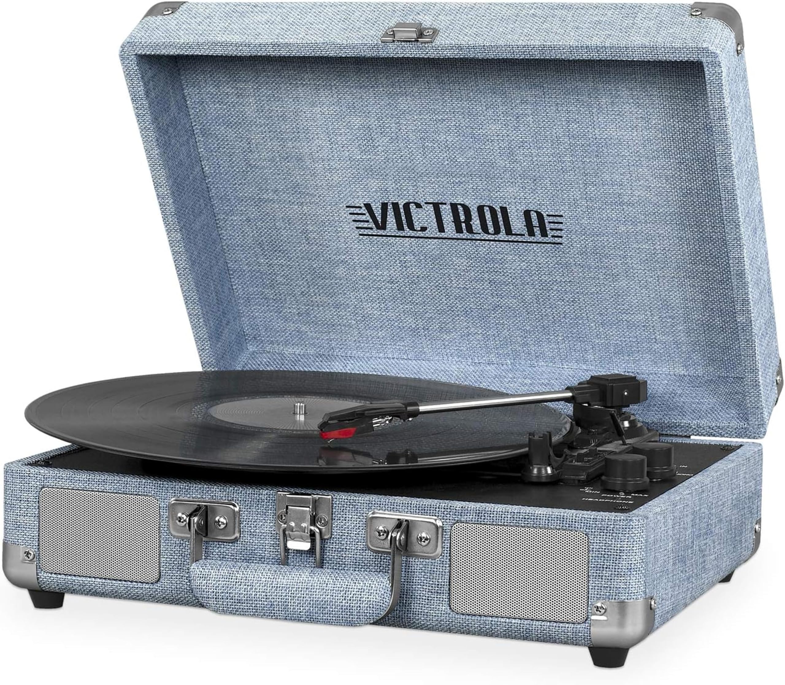 Photo 1 of Victrola Journey Bluetooth Portable Suitcase Record Player – with Built-in Speakers, 3 Speed Vinyl Record Player, RCA Out, Headphone Jack (Light Denim Blue Linen)
