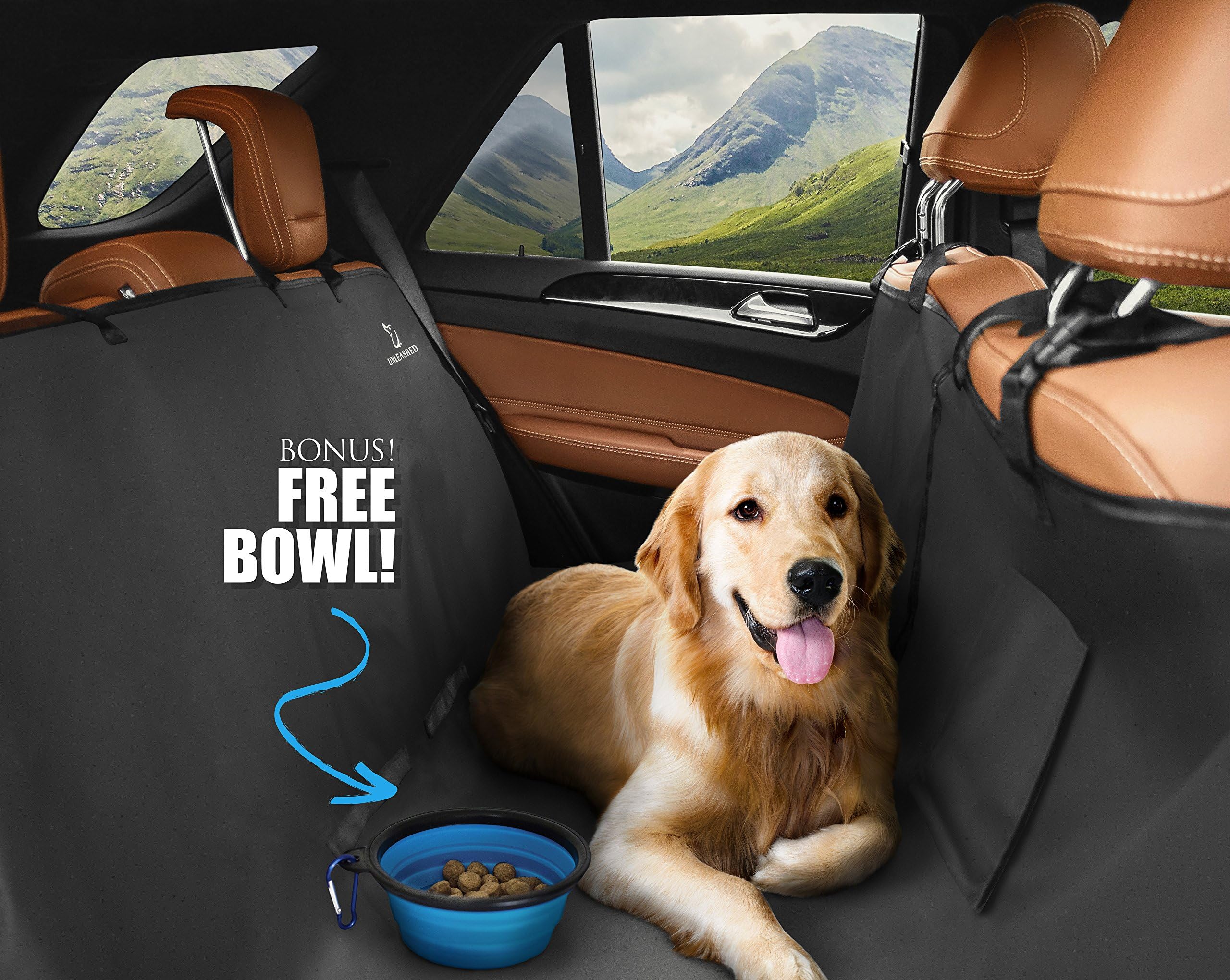 Ruff 'n Ruffus 3- in-1 Water Proof Car Seat Protector | Bonus Free Travel Bowl | Bench/Cargo or Hammock Feature | Easy Install | Fits Most Cars | Dogs, Pets Ultra Durable Design