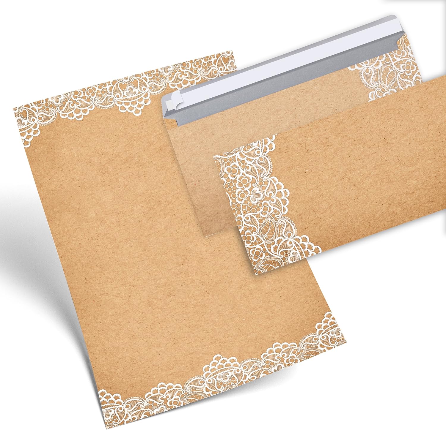 Set of 25 Sheets of Writing Paper Vintage Lace White Printed on Both Sides 100 g DIN A4 Letter Sheet + 25 Pieces Nostalgic Envelope DIN Long Antique Vintage Rustic Natural Brown Beige