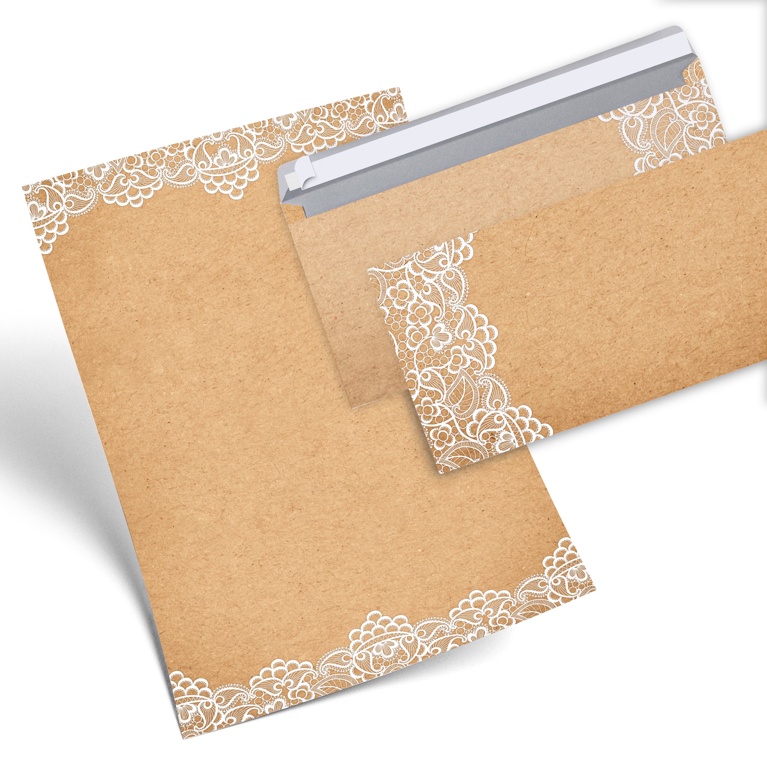 Set of 25 Sheets of Writing Paper Vintage Lace White Printed on Both Sides 100 g DIN A4 Letter Sheet + 25 Pieces Nostalgic Envelope DIN Long Antique Vintage Rustic Natural Brown Beige