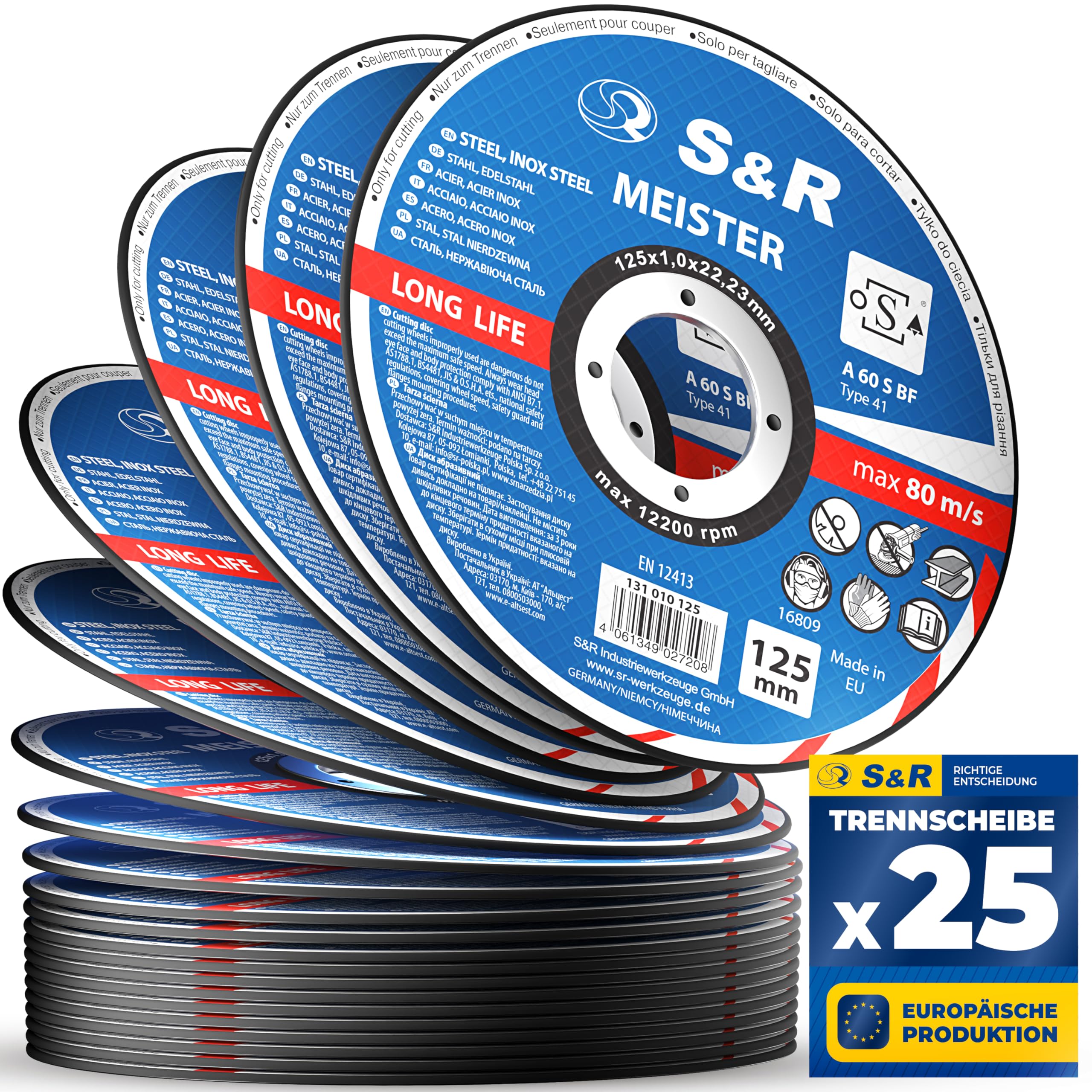 S&R 25x Ultra-Thin Metal Cutting Discs – 125 x 1.0 x 22.23 mm | A60 S-BF | For Inox, Stainless Steel, Steel | Angle Grinder Blades