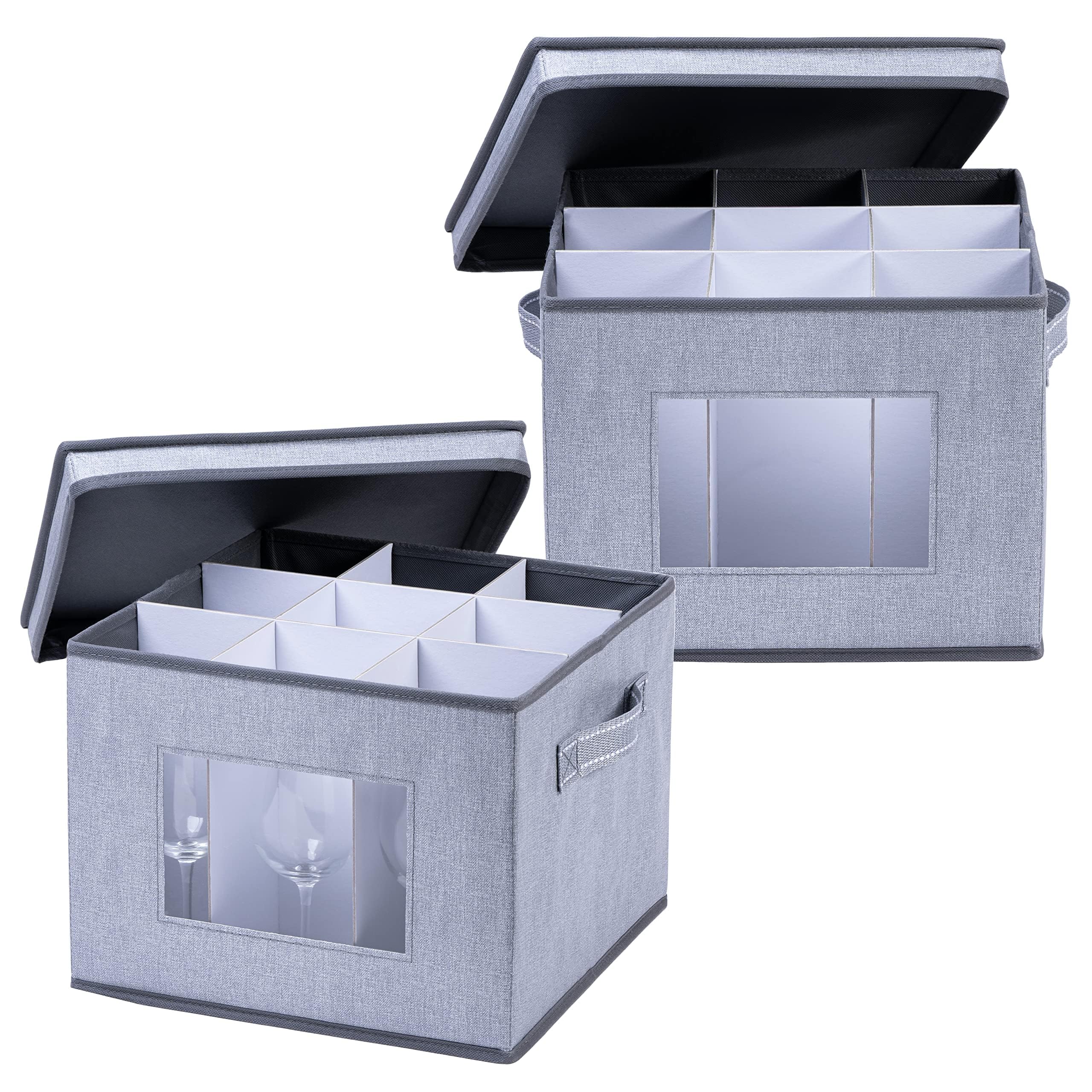 VENO 2 Pack Wine Glass Storage Box with Lid and Handles, Moving Boxes for Glasses, Organizer Container, Glassware Holder, Dividers for 9 Glasses, Clear Window Panel (2 Pack, Wine Glass)