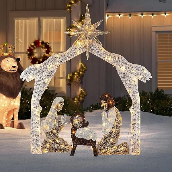 HOURLEEY 4FT LIGHTED CHRISTMAS NATIVITY SCENE, CHRISTMAS OUTDOOR DECORATIONS WITH 120 COUNT PRE-LIT WARM WHITE LIGHTS, HOLY FAMILY FOR XMAS OUTSIDE YARD GARDEN HOLIDAY DECOR
