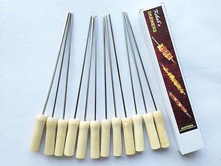 MILESTOUCH - 12 Pcs Set - Stainless Steel Skewers Wood Handle for Tandoor/Grilling - Barbeque -14.5 Inch
