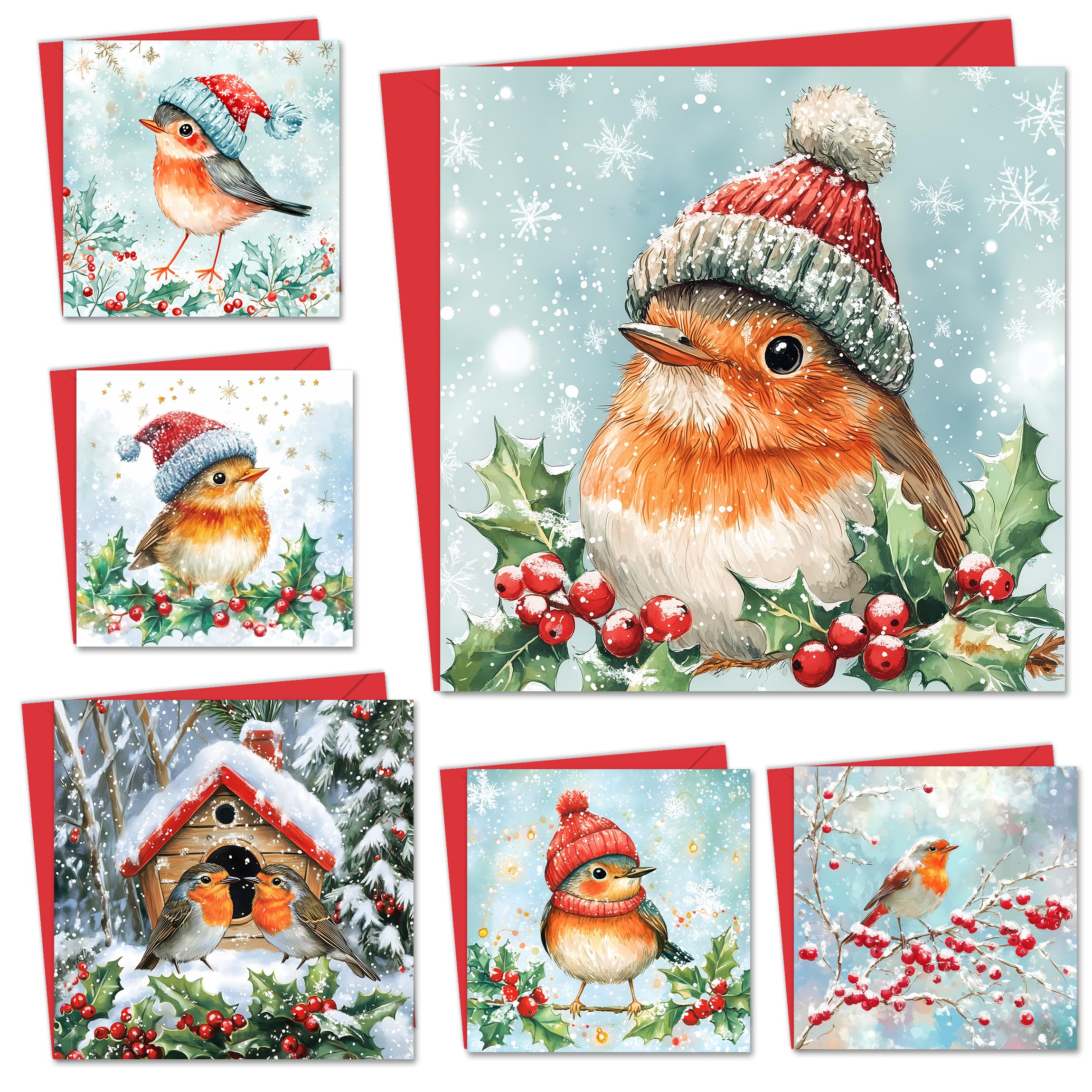 24 Christmas Cards 2024 Multipack with Envelopes - Christmas Cards Pack - Xmas Cards - Featuring Robin Christmas Cards Pack of 6 Robin Designs (125x125 mm)