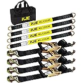 KJE Heavy Duty Car Trailer Tie Down Straps 4 Pack Kit - 2" x 8' Ratchet Straps + J-Hooks with Clip, 2" x 36'' Axle Straps - 10,000lbs Break Strength - Use for Car, Truck, UTV Transport