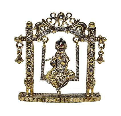 GCT Lord Krishna Idol on Jhula Metal Statue for Car Dashboard | Mandir Pooja Murti | Temple Puja | Home Decor | Office Showpiece (Gold)