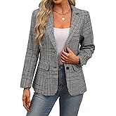 ELLEVEN Women's Lapel Collar Plaid 2 Button Boyfriend Blazer Suit Houndstooth Work Office Blazer Jacket