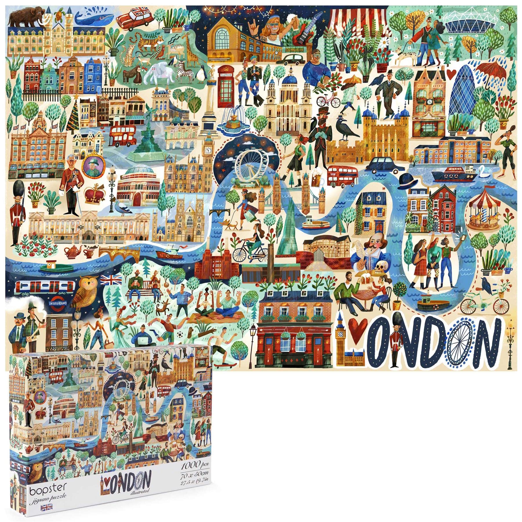 London 1000 Piece Jigsaw Puzzle – Illustrated City Scene with Queen Elizabeth II & King Charles III – Puzzle for Adults & Kids – 100% Recycled Card – by Bopster