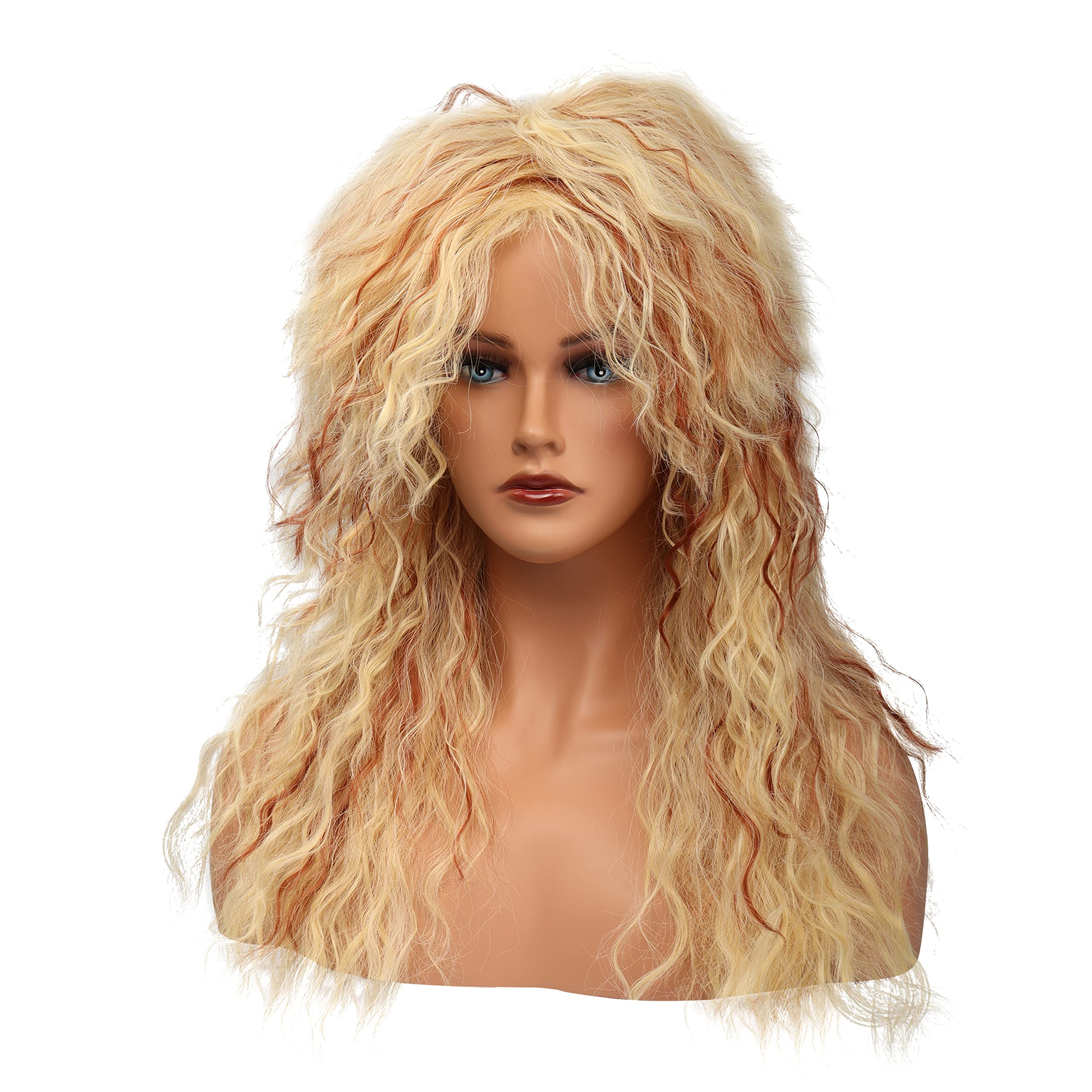 MEIRIYFA Mens Women Wig Cosplay Wig Long Curly Wig 80s Rocker Punk Wig for Halloween Costume (Blonde with Reddish Brown)