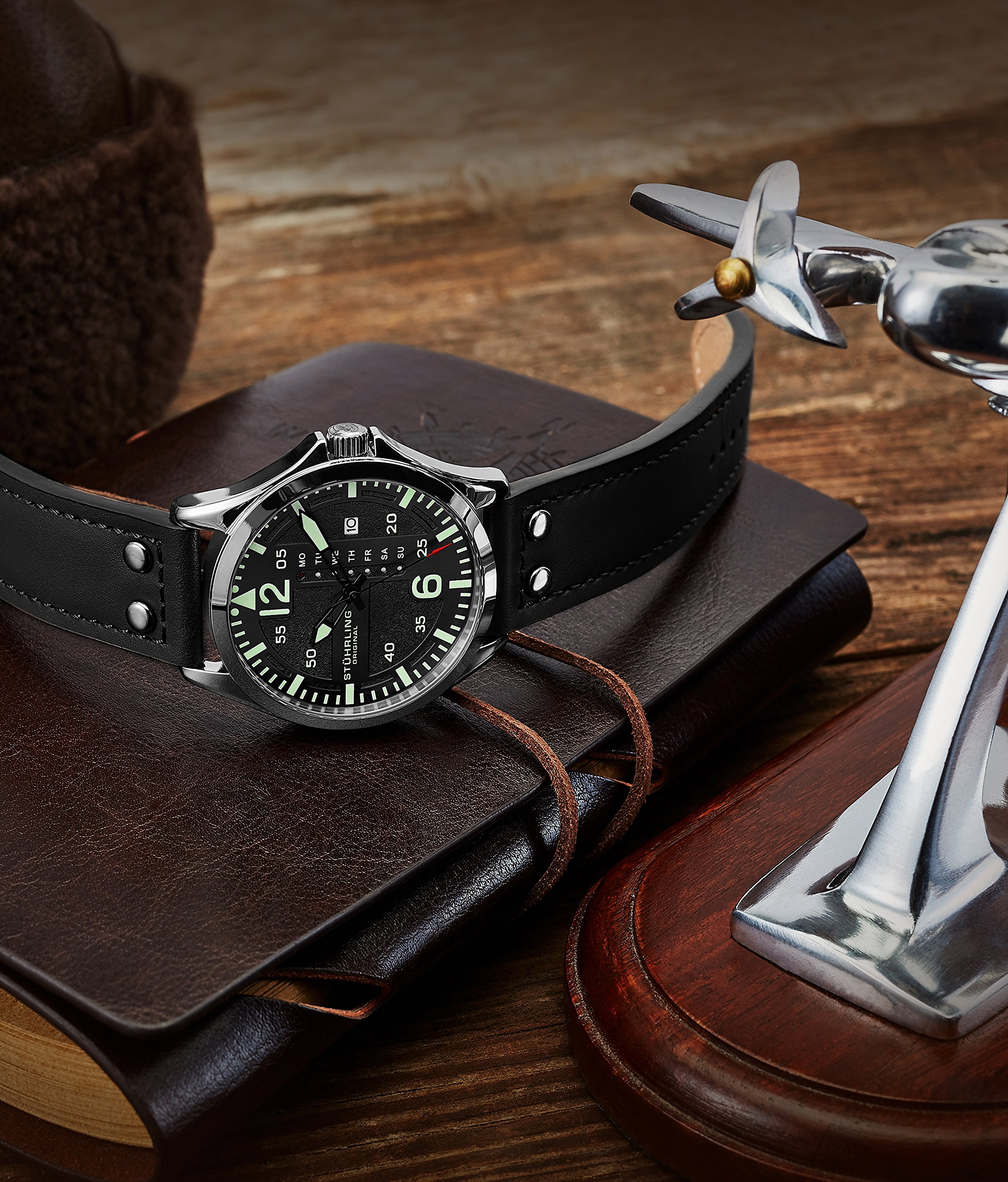 Stuhrling Original Mens Leather Watch -Aviation Watch, Quick-Set Day-Date Leather Band with Steel Rivets,