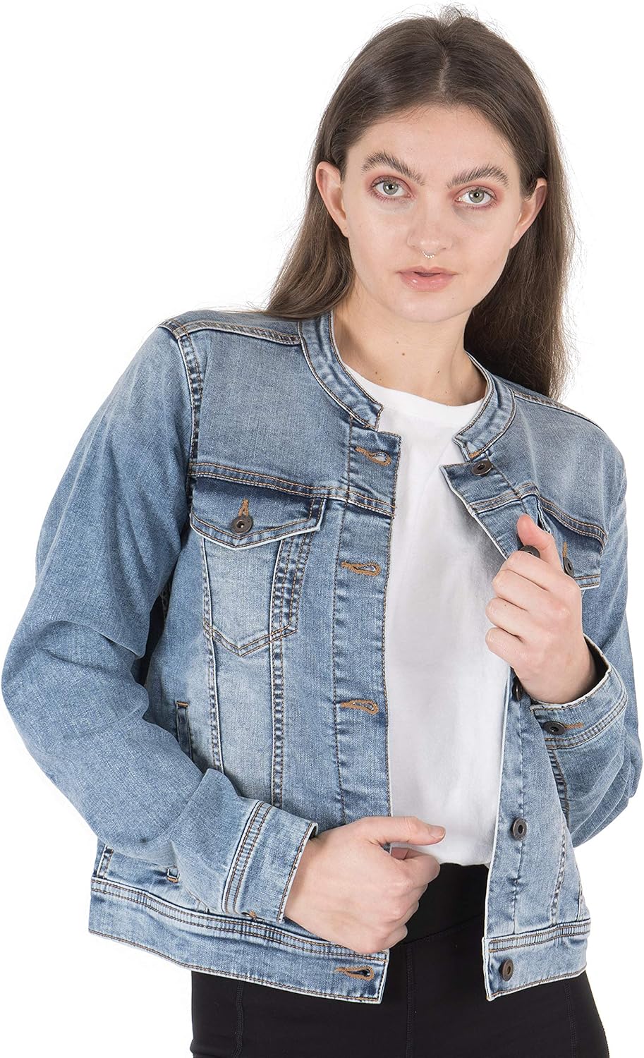 NOROZE Women's Collarless Denim Jacket Long Sleeve Washed Jean Biker Style Top (4, Light Blue
