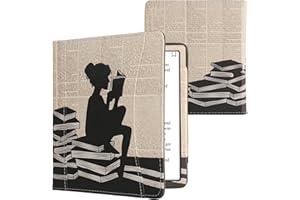 kwmobile Case Compatible with Onyx Boox Leaf 2 - PU Leather Cover with Magnetic Closure, Strap, Front Pocket - Girl and Books Black/Beige