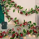 Juegoal Christmas Garland, 6.5FT Pre-lit Red Berries & Holly Leaves Garlands, Artificial Lighted Berry Garland Battery Operated with Timer, Indoor Outdoor Fireplace Gate Home Winter New Year Decor