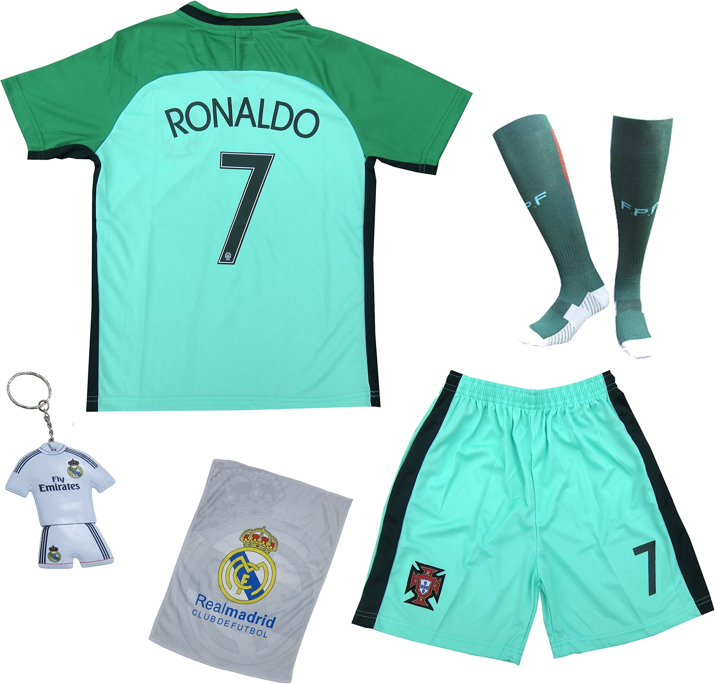 KID BOX 2018 Portugal Cristiano Ronaldo #7 Away Green Kids Soccer Football Jersey Gift Set Youth Sizes