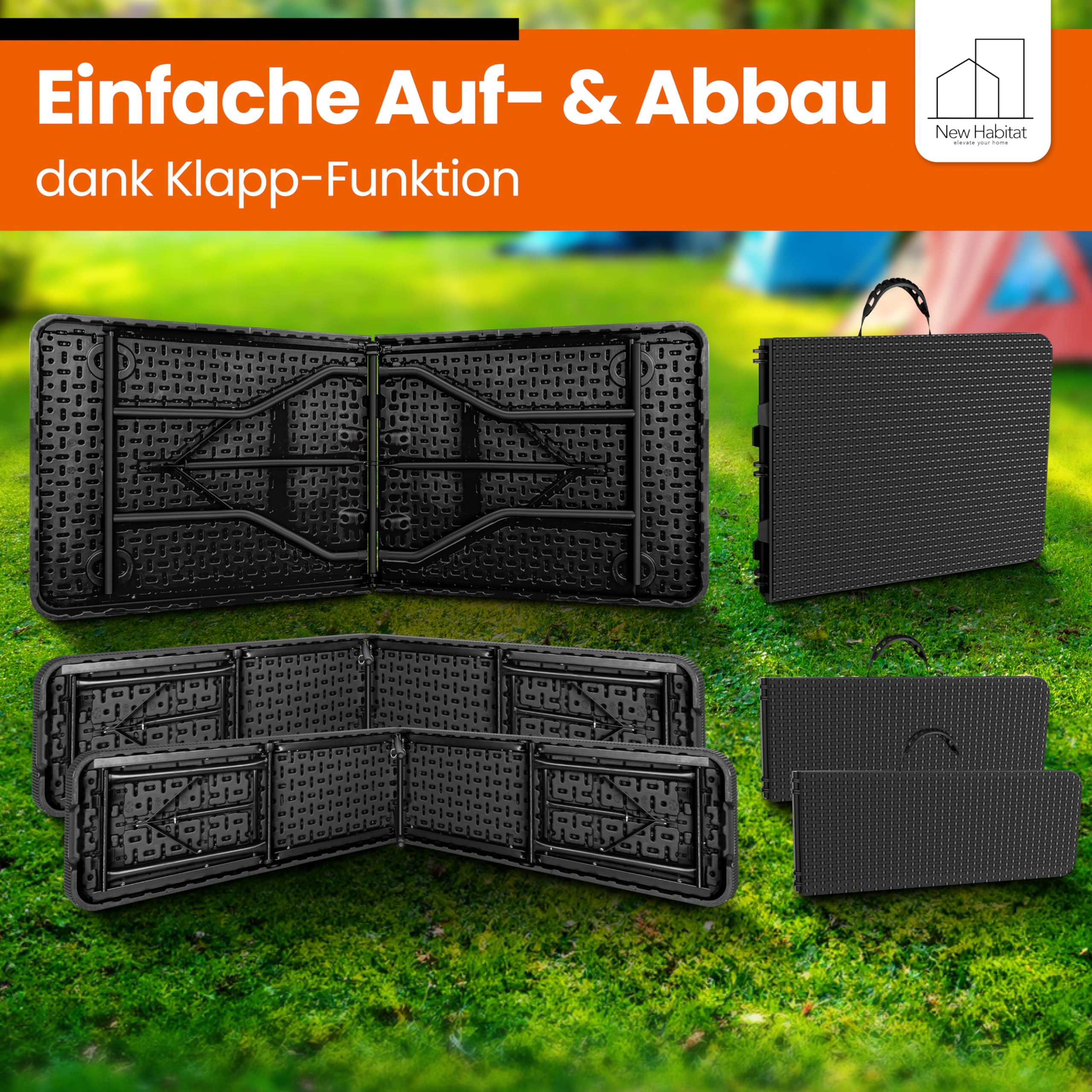 NewHabitat Kunststoff Bierzeltgarnitur Klappbar I 3er Set, Tisch + 2 x Bank mit Tragegriffe, Biertischgarnitur, Festzeltgarnitur, Bierbank klappbar, HxBxT: 75x180x75 cm (Schwarz) 3