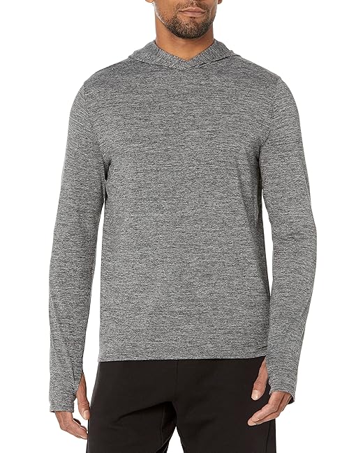 Amazon Essentials Men's Active Quick Dry Tech Stretch Long-Sleeve Hooded Pullover T-Shirt, Grey Space Dye, Medium