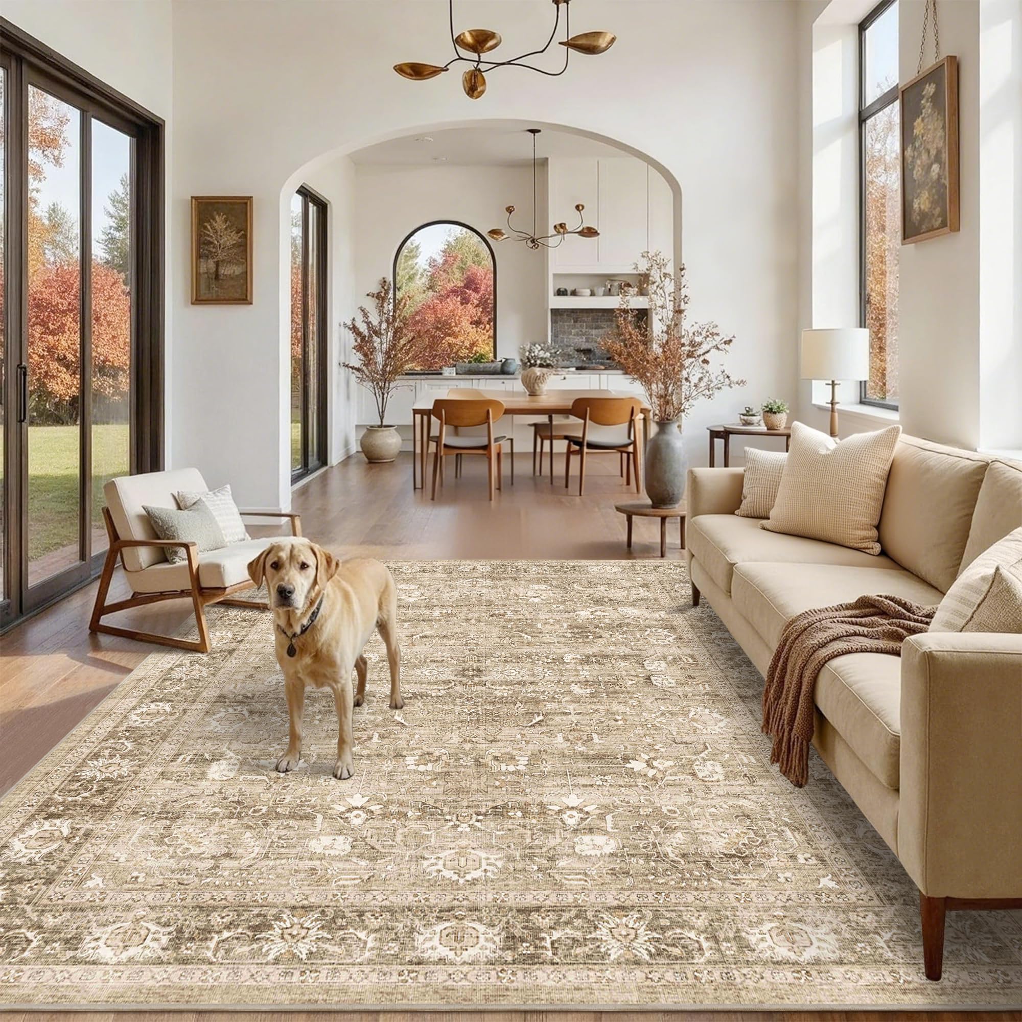 DUIDY 6x9 Beige Washable Area Rugs for Living Room Non Slip Low Pile Vintage Boho Throw Rug Khaki Soft Retro Distressed Floral Large Carpet Indoor for Bedroom Dining Room Office Kitchen Playroom