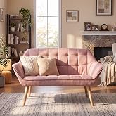 48&rdquo;Small Loveseat Sofa for Small Space Living Room, Sofa, Couch, Pink Linen | Modern Upholstered Mini Couch 2-Seater Fluffy Love Seat with Quilting Backs and Wood Legs bedroom