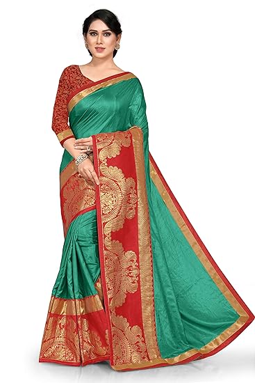 Womens Peacock Pattern Zari Woven Silk Blend Lace Border Saree With Contrast Blouse Piece (11831 - Green - Free Size)