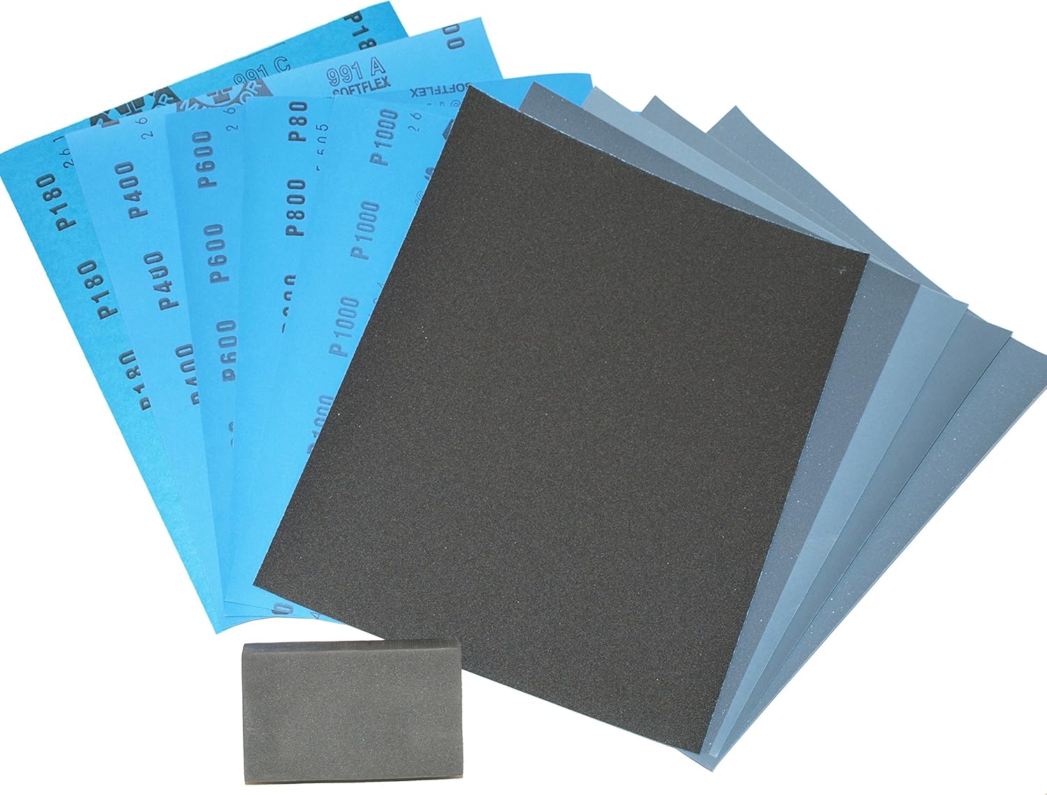 Wet and Dry Sandpaper Kit 180/400/600/800/1000 with Sanding Block. 10