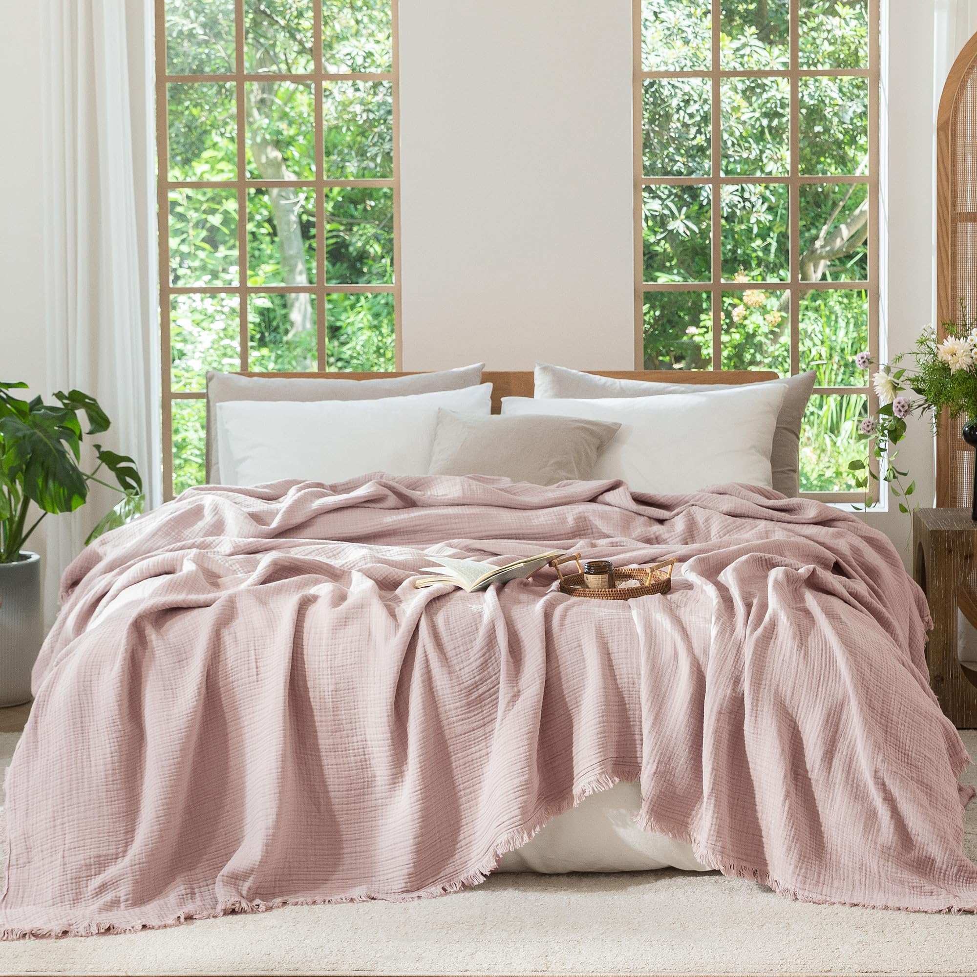 MooMee Muslin Blanket - 100% Cotton 4-Layer Gauze Throw Blanket with All-Around Fringe, Soft Breathable Lightweight Cooling Summer Blankets for Bed Couch(Greyish Pink, Queen 90" x 90")