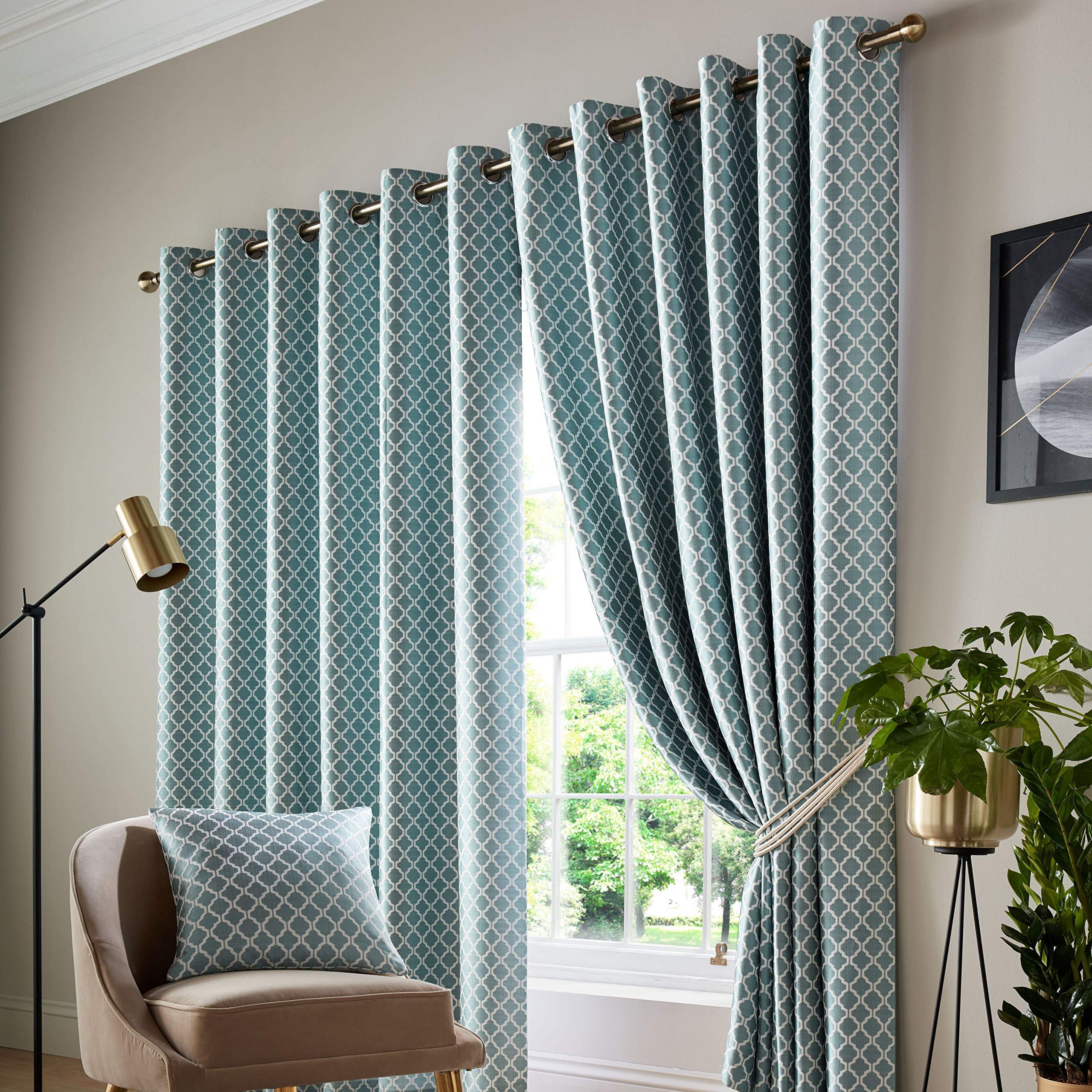 Alan Symonds Cotswold Fully Lined Jacquard Eyelet Ring Top Curtains - Pair (Teal, 46" x 90" (117x229cm))