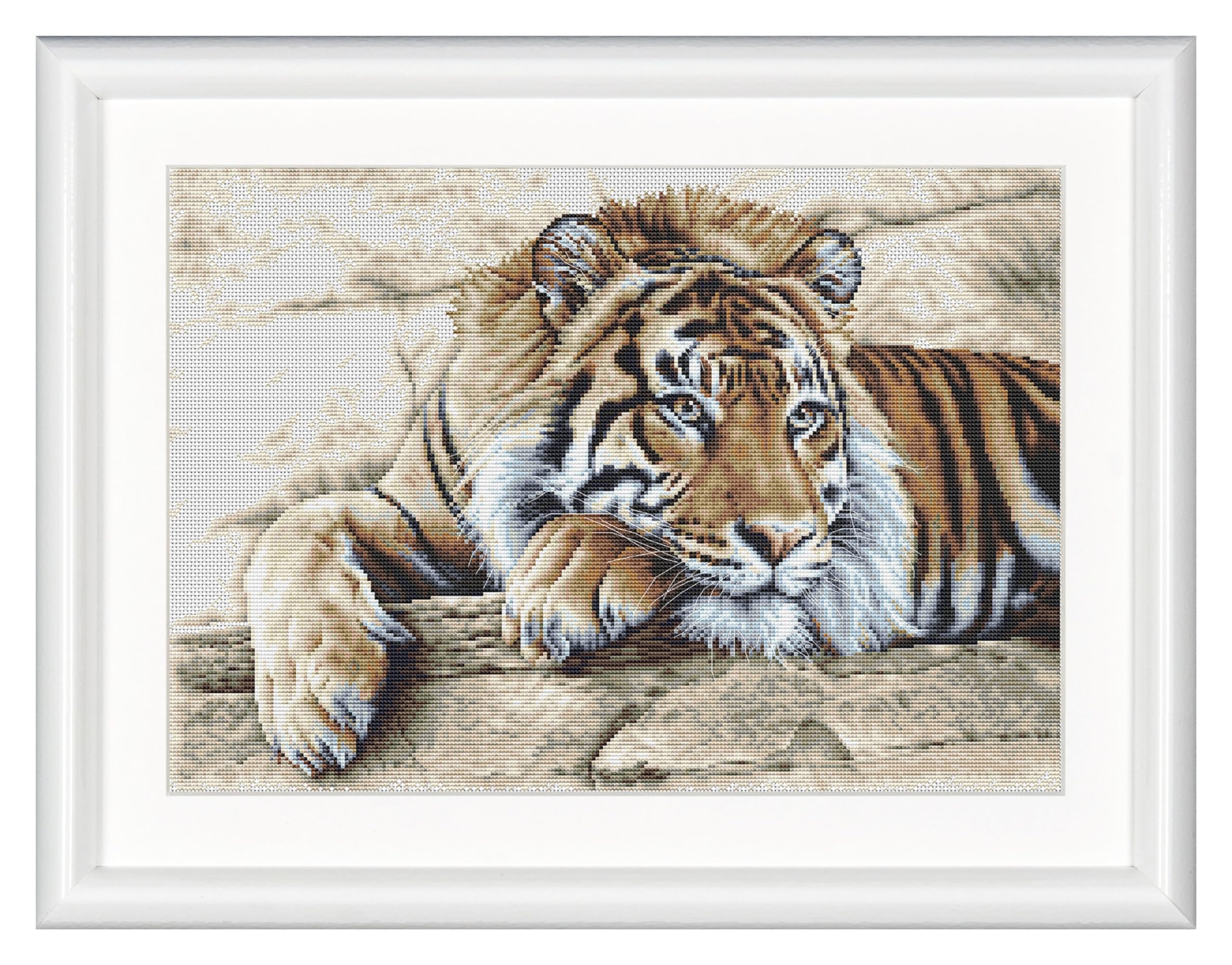 Thea Gouverneur - Counted Cross Stitch Kit - Tiger - Aida - 14 Count - Embroidery Kit for Adults - DMC Embroidery Threads and Other Cross Stitch Supplies Included - 579A