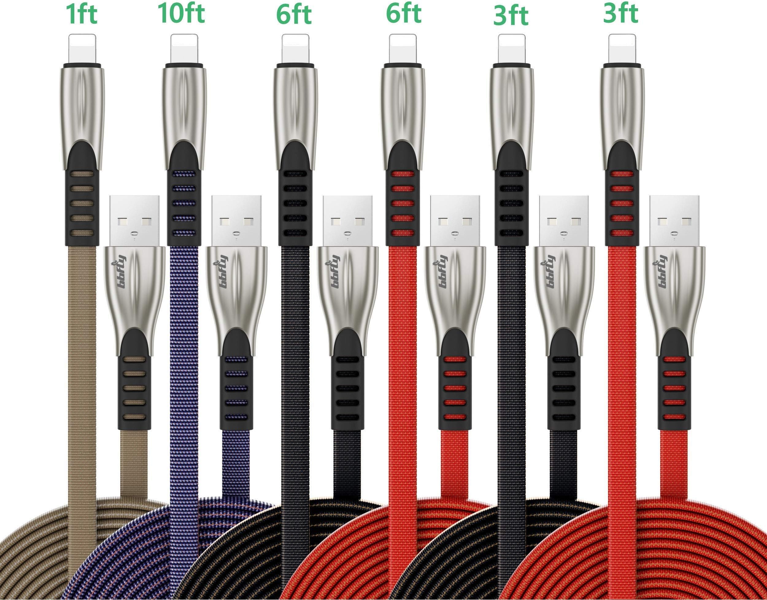 Phone Charger Cable 6 Pack Multipack 1/3/3/6/6/10 FT,Charging Cords, Long Fast Lighning Cable Cords Set, Unbreakable Nylon Sync Charger Cords for Phone XS Max/XR/8/7Plus/6S/6 Pad Charger