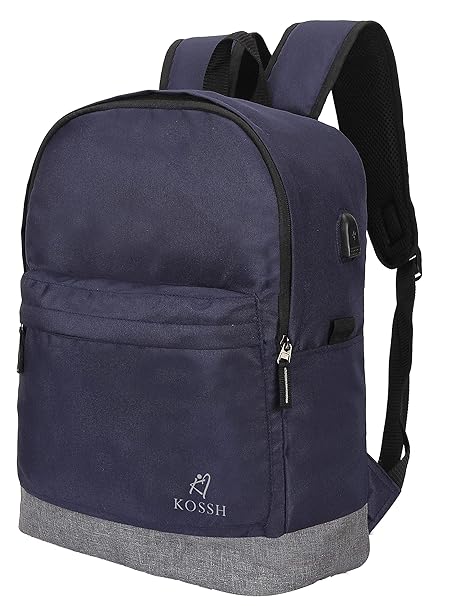 Kossh Anti-Theft Bag for Mens and Womens Canvas Laptop Backpack with USB Charging Port (Navy Blue)