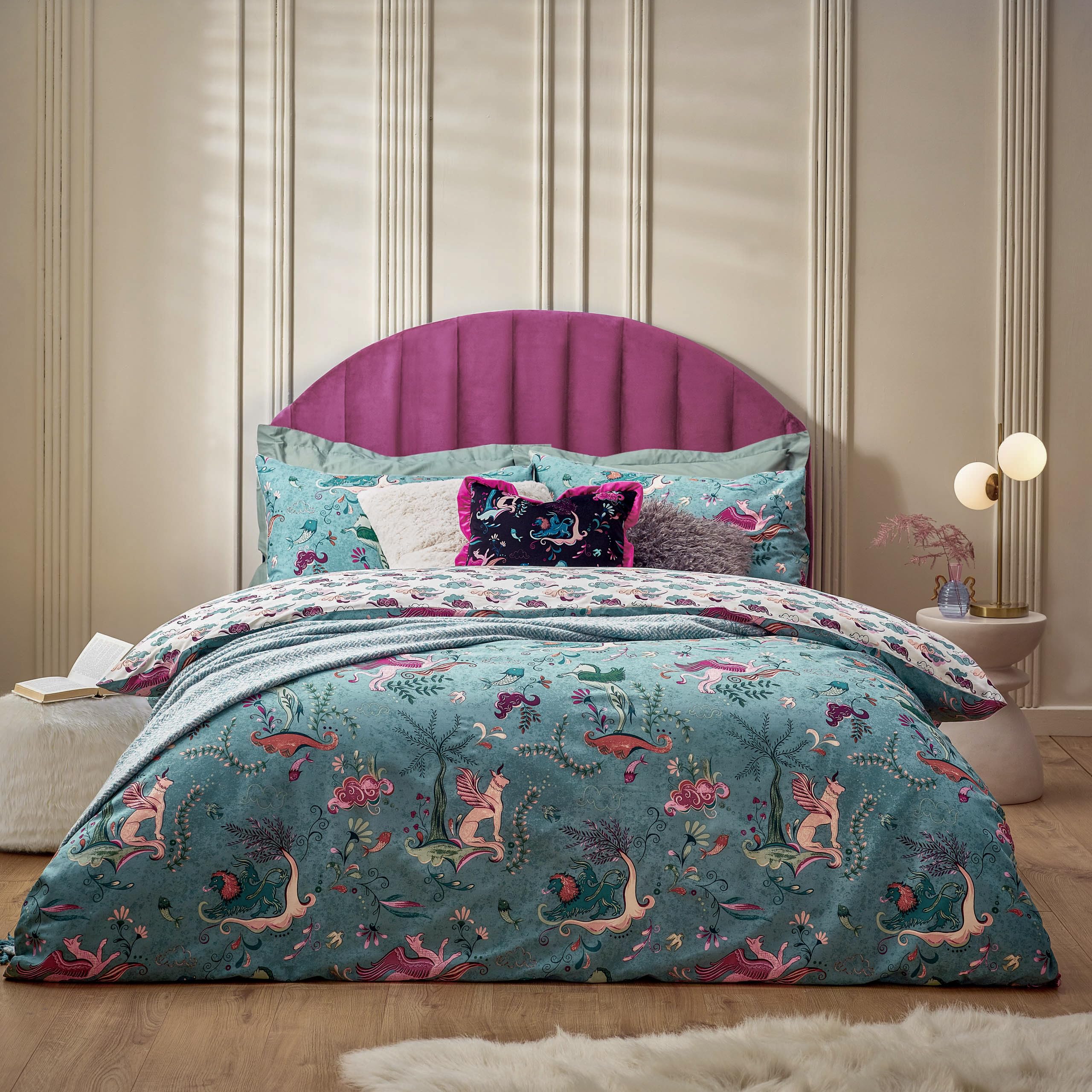 furn. Athena Mythological Duvet Cover Set - Abstract Greek Mythology Bedding Design (Mineral Blue - King UK Standard)
