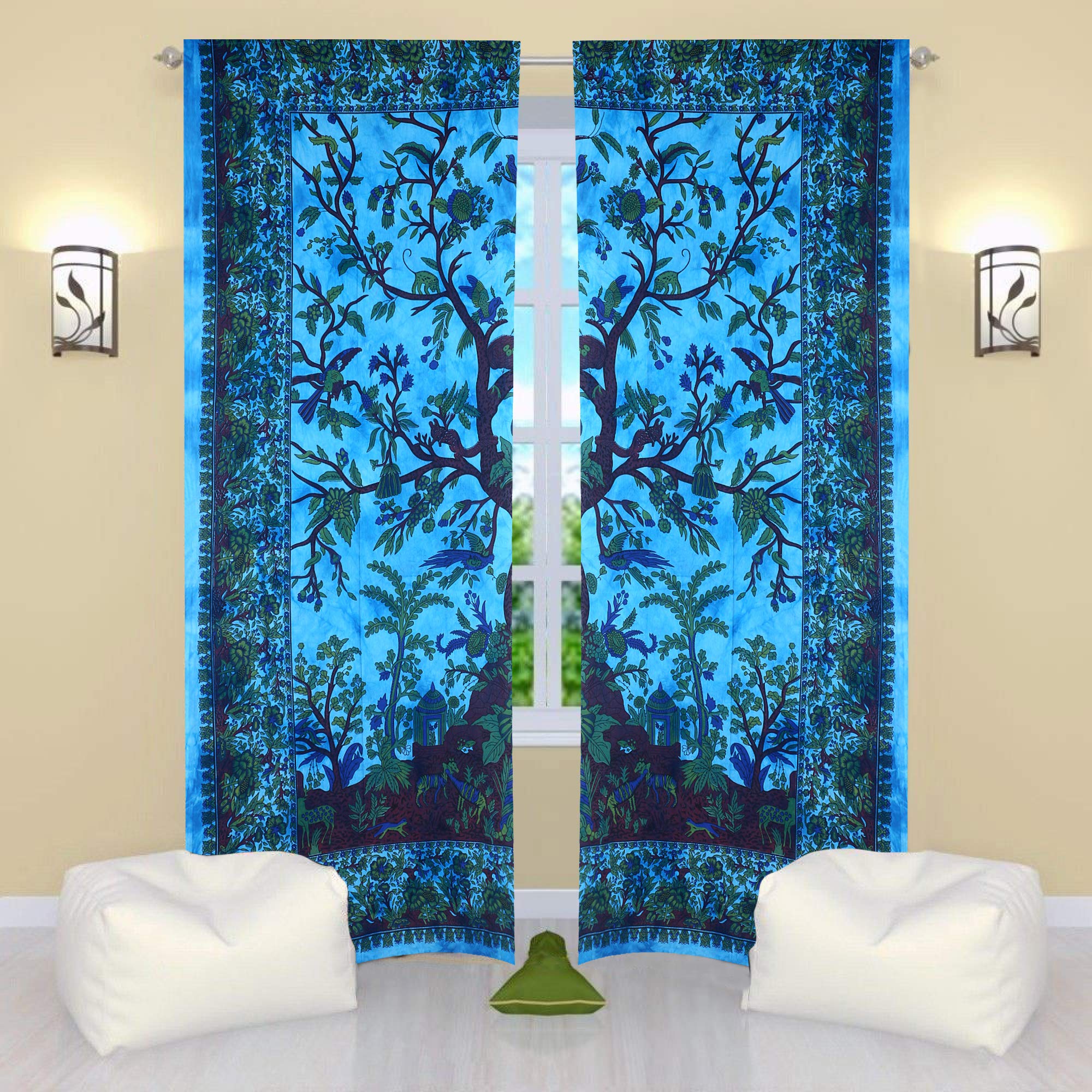 THE ART BOX Window Drapes Set of 2 Tapestry Curtains Hanging Valances for Room Divider (Turquoise Tree, 80x82 Inches or 203x210CM)