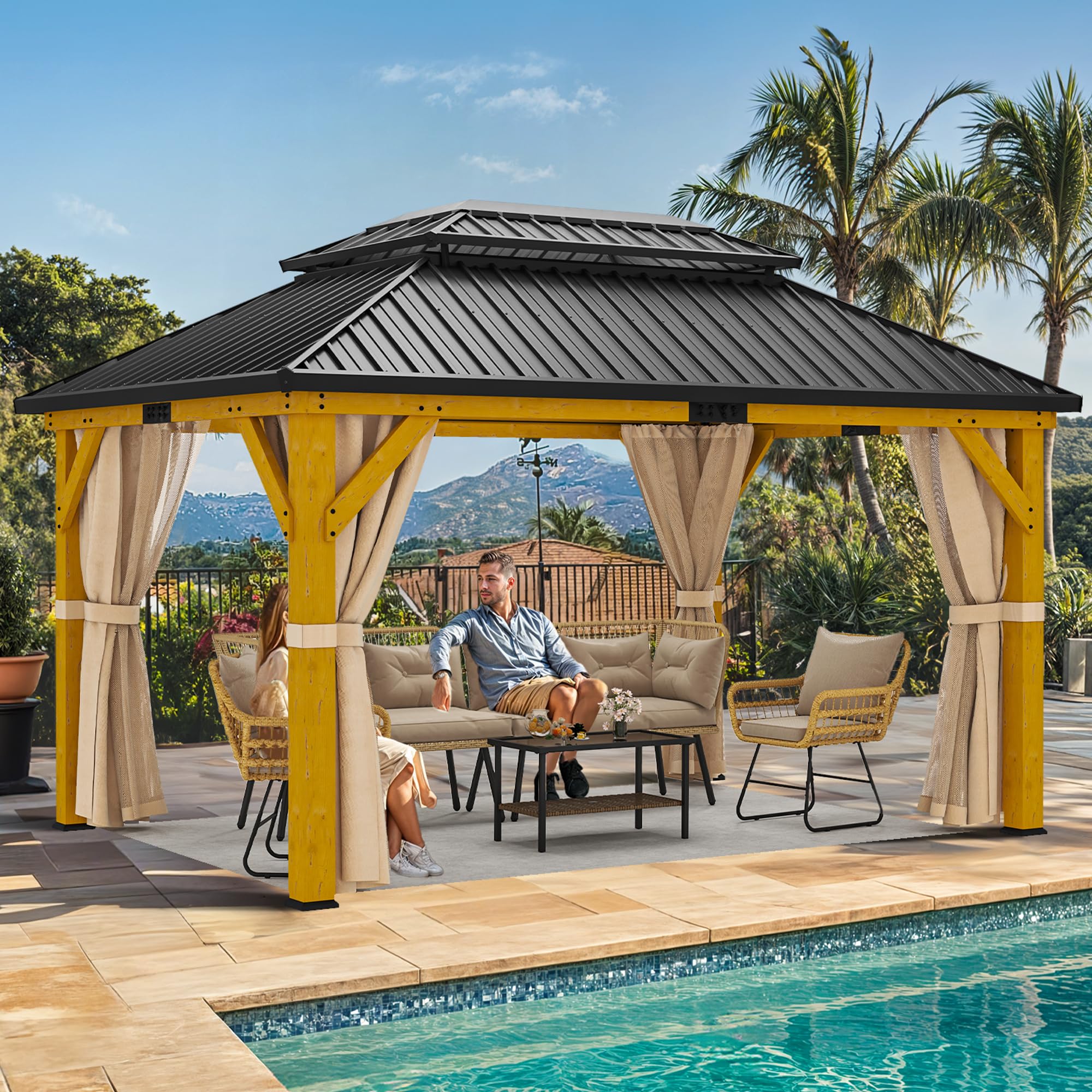 Photo 1 of ***BOX 5 OF 5 ONLY/INCOMPLETE SET/ROOF TOP PARTS***YITAHOME 13x15ft Wood Gazebo Outdoor Wooden Frame Double Roof Hardtop Galvanized Steel Top Canopy w/Curtain and Netting, Patio Heavy Duty Gazebo for Deck, Backyard, Golden